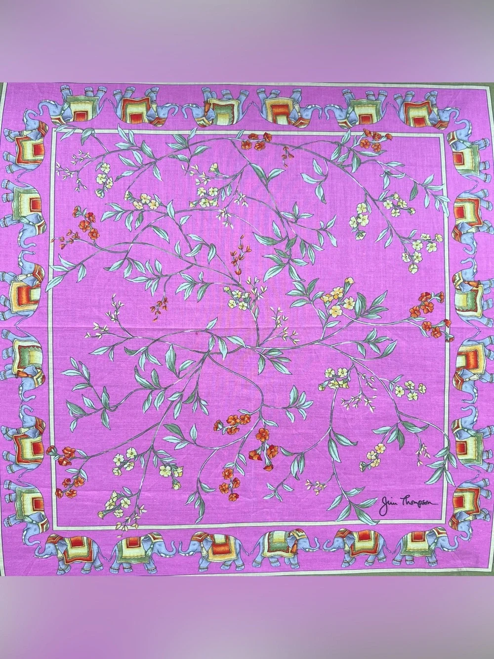 Jim Thompson Hot Pink Floral Cotton Scarf with Elephant Border